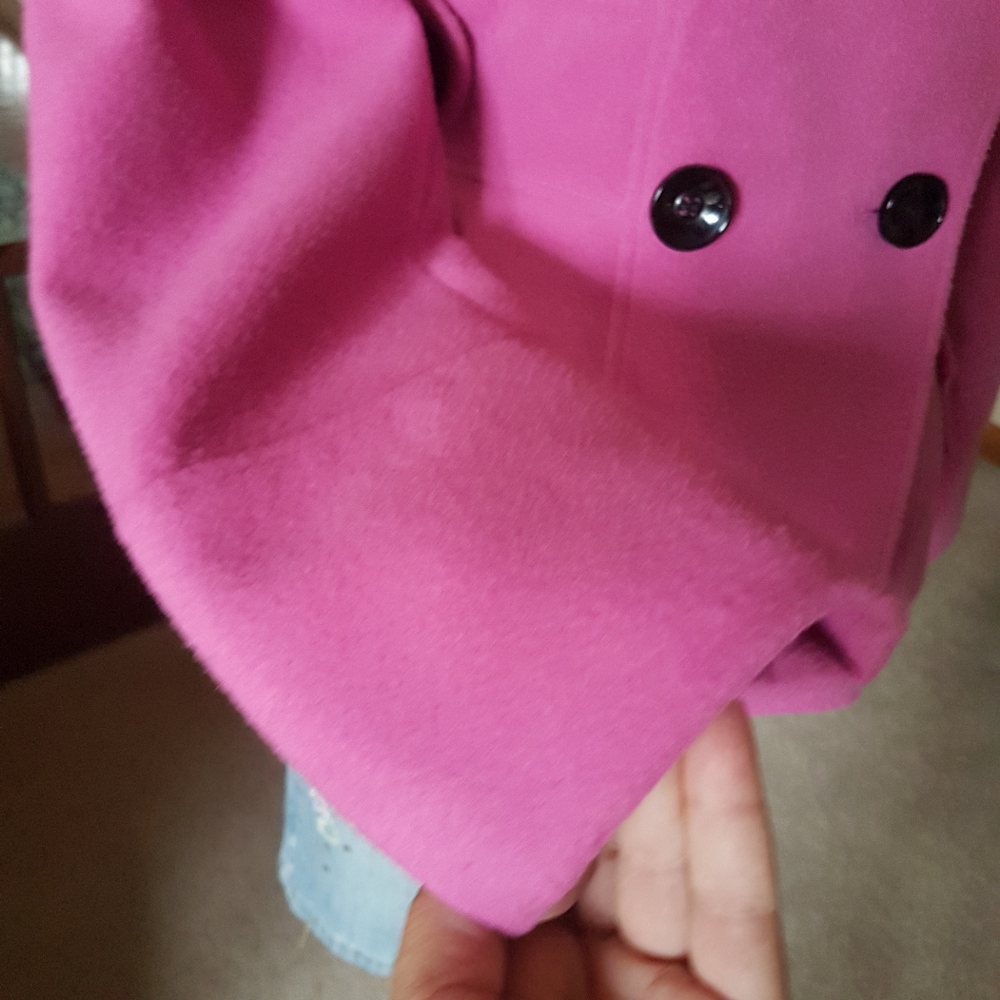 Fuchsia Pink Double Breasted Pea Coat with Black Buttons from London - Picture 9 of 17